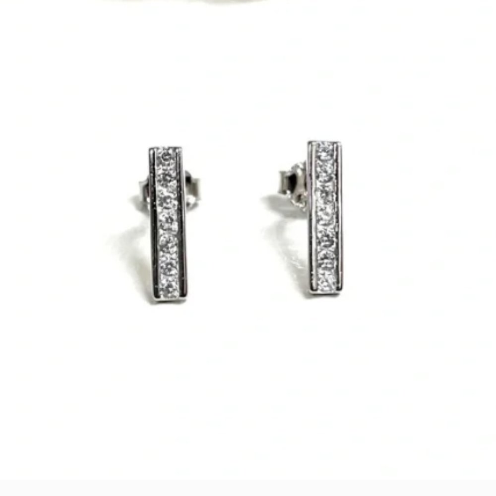 Silver PETITE BAR STYLE CZ Rhinestone STUD EARRINGS